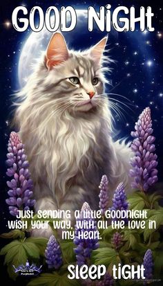 a white cat sitting on top of purple flowers with the words good night written below it