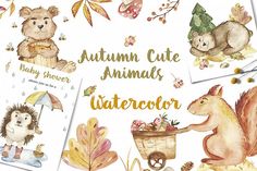 watercolor autumn cute animals clipart set