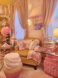 a living room filled with furniture and lots of pink stuff on top of carpeted flooring