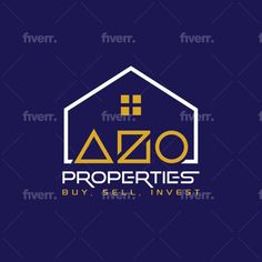 the azo properties logo is shown on a dark blue background with gold letters and a house