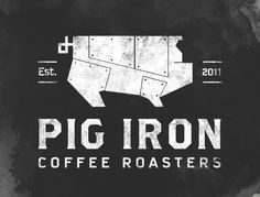 the pig iron coffee roasters logo on a black and white background with an image of a pig