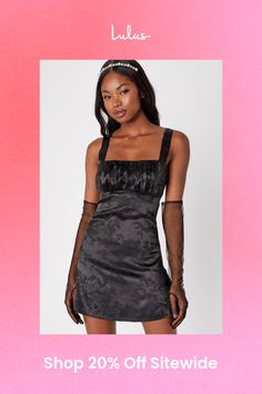 Make your way to the dancefloor looking oh-so pretty in the Lulus Exquisite Outlook Black Floral Jacquard Satin Lace-Up Mini Dress! Glossy woven satin jacquard, with a chic floral motif throughout, shapes this flirty little dress that has a square neckline, a gathered bodice, and wide straps that lace-up the open back. Fitted empire waist sits atop an A-line skirt that falls to a cute mini hem. Hidden back zipper/clasp. Fit: This garment fits true to size. Length: Mid-thigh. Size medium Bust: Great for any cup size. Waist: Fitted - very fitted at natural waist. Hip: Fitted - consider sizing up for fuller hips. Undergarments: May be worn with an adhesive bra, petals, or no bra. Fabric: Fabric has no stretch. Lined. Shell: 97% Polyester, 3% Spandex. Lining: 95% Polyester, 5% Spandex. Hand Wa Mini Dress Floral, Gathered Bodice, Lulu Fashion, Black Satin Dress, Adhesive Bra, Jacquard Dress, Floral Jacquard, Little Dresses, Sleeveless Mini Dress