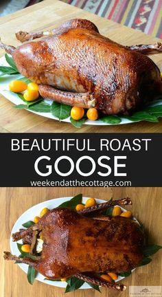 a roasted goose is shown on a plate