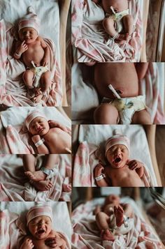 a collage of photos with a baby in it's diaper on a blanket