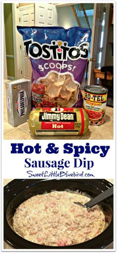 hot and spicy sausage dip recipe in the crock pot with ingredients to make it