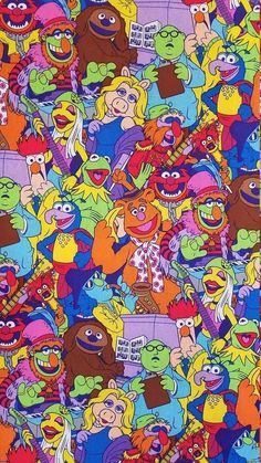 the muppets are all different colors and sizes on this colorful background, but they're very similar to each other