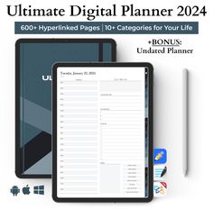 the ultimate digital planner for your life is on display with an ipad next to it