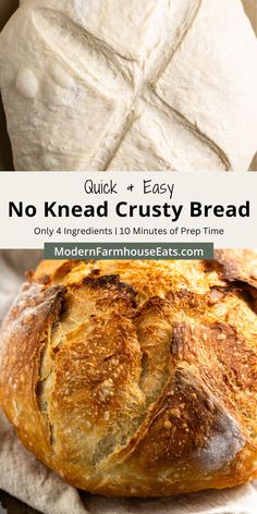 no knead crusty bread on top of a white napkin with the words quick and easy