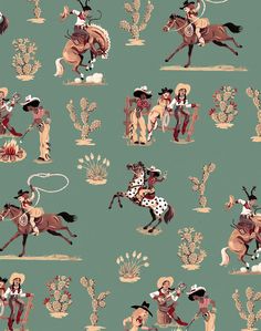 an image of cowboys on horses and cacti in the wild pattern design fabric