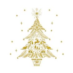 a golden christmas tree with birds and stars on it's top, against a white background