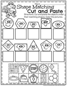 the shape matching cut and paste worksheet is shown in black and white with different shapes