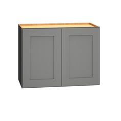 a gray cabinet with two doors and a wooden top