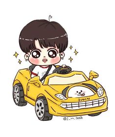 a cartoon character driving a yellow toy car