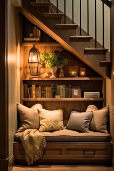 a set of stairs with bookshelves and pillows on the bench in front of it