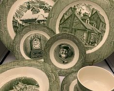 green and white plates with pictures on them