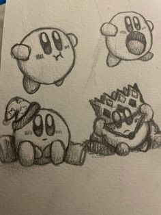 Four drawings of Kirby by CJ Kirby Drawing Ideas, Stuff To Draw At School, Kirby Drawings Easy, Mario And Luigi Drawing, Mario Doodles, Kirby Doodle, Kirby Sketch, Kirby Drawings, Kirby Drawing