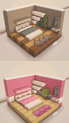 two different views of a bedroom with pink walls and wood flooring, one in the middle