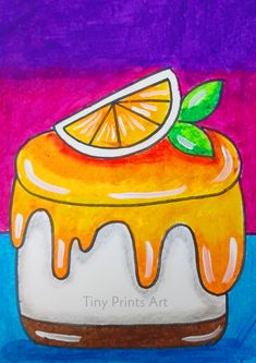 a drawing of a cake with oranges on top