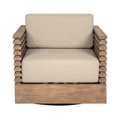 a chair made out of wood and fabric with a beige cushion on the backrest