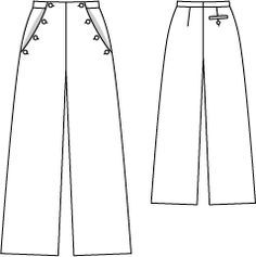 the front and back view of a women's pants with buttons on each side