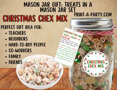 a mason jar filled with christmas cheer mix next to a bowl of cereal and a card