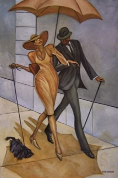 a painting of a man and woman walking under an umbrella with a dog on the sidewalk