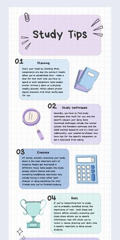 an info sheet with different types of items on it and the words study tips written below