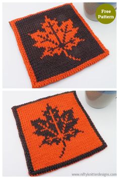 an orange and black crocheted coaster with a leaf on it