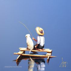 a man sitting on a dock fishing with his dog