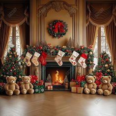 teddy bears sitting in front of a fireplace decorated for christmas