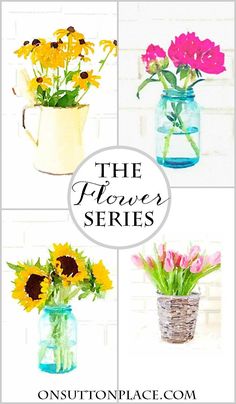 four vases with flowers in them and the words, the flower series written below