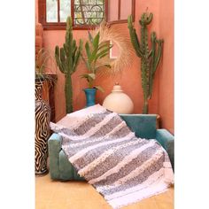 a living room filled with lots of plants next to a couch covered in a blanket