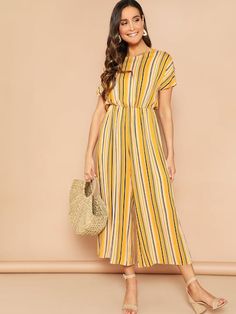 Yellow Bohemian Palazzo Set For Designer Wear, Yellow Semi-stitched Palazzo Set For Spring, Bohemian Yellow Palazzo Set With Printed Motifs, Jumpsuit Backless, Grown Style, Cheap Striped V-neck Jumpsuits And Rompers, Beach-ready Short Sleeve Jumpsuits With Button Closure, Autumn Dresses, Palazzo Jumpsuit