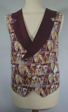 Double breasted waistcoat Guardians of the galaxy fabric with tow tone rad and black suiting notch collar. Has two front pockets and belt at the back. Measures 46 inches on the chest. Bespoke orders are welcome.  See something you might like in a different fabric or not the right size. Just send us a message. Thank you for shopping, looking, or even browsing through... Please add my shop to your favourites or even individual items that you love and may want to purchase...and call again...anytime Retro Fitted Sleeveless Outerwear, Fitted Vintage Vest For Costume Party, Vintage Fitted Vest For Costume Party, Retro Fitted Vest For Formal Occasions, Fitted Red Retro Vest, Fitted Retro Red Vest, Retro Red Fitted Vest, Galaxy Fabric, Double Breasted Waistcoat