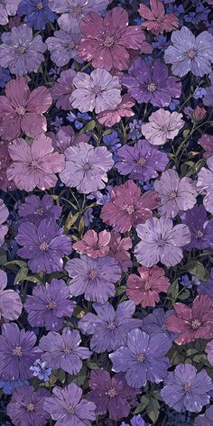 purple and pink flowers with green leaves in the middle, on a black background that looks like something out of space