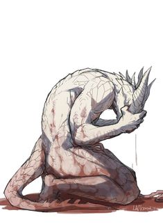 a drawing of a demon kneeling down on the ground