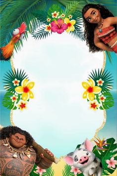 an image of moan and pooh from the disney movie with flowers, palm trees, and