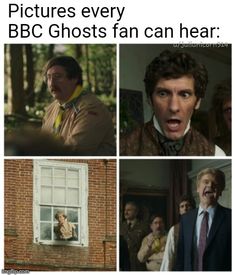 four pictures of people in suits and ties, one with the caption'pictures every bbc ghosts fan can hear