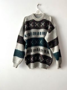 "Vintage 90s mens sweater Large size Winter Sweater Warm patterned Jumper Grandpa retro sweater Mens weekend Jumper skiing Sweater Estimated size: L Measurements: (lying flat) Length - 29\"/ 73.7 cm Pit to pit: 24\"/ 61 cm Waist: 22\"/ 56 cm Shoulder: 24\"/ 61cm Sleeve: 23.5\"/ 59.7 cm Please check measurements to insure a proper fit. Remember to allow yourself some extra room for movement. You can compare these with something from your closet that fits you well. This sweater will come to you fr Vintage Patterned Winter Sweater, Vintage Fair Isle Patterned Sweater, Vintage Jacquard Knit Winter Sweater, Vintage Jacquard Knit Sweater For Winter, Grandpa Core Aesthetic, Grandad Jumper, Grandpa Fashion, Jumper Outfits, Patterned Jumper