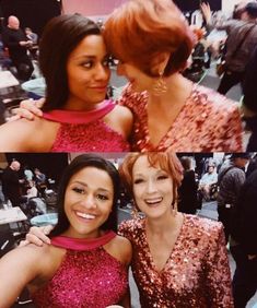 two women in sequin dresses posing for the camera and one is hugging her friend