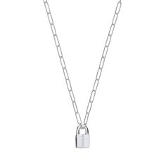 "Contemporary paperclip chain necklace crafted in 925 sterling silver with padlock charm. Chain width 3mm. Link length 9mm.  Necklace length 18\" Padlock 17x9x2mm 925 sterling silver Average weight 8.3g Your jewel is presented in an elegant JQS branded gift box." Emerald Cut Solitaire Ring, Padlock Necklace, Paperclip Chain Necklace, Silver Paper, Charm Chain, Necklace Craft, Chains Necklaces, Necklace Necklace, Fine Jewellery Earrings