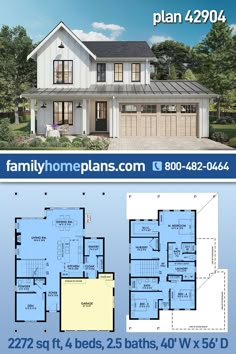 two story house plan with 2 car garage and living room, attached to the second floor