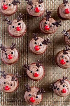 cupcakes decorated with chocolate frosting and reindeer noses are arranged on a table