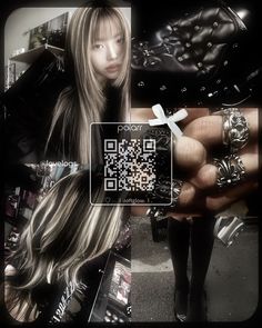 a woman with long blonde hair and rings on her finger is holding a cell phone