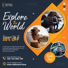 a travel flyer with two photos and the words explore the world in orange, white and blue