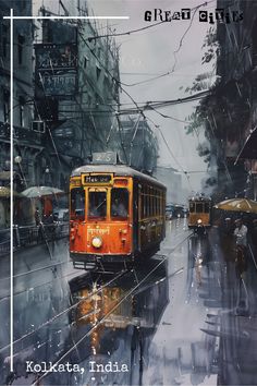 an orange bus driving down a rain soaked street