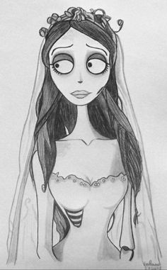 a drawing of a woman with long hair wearing a veil and holding a flower crown on her head