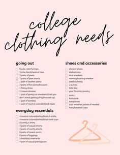 the college clothing needs checklist is shown in black and white with pink lettering on it