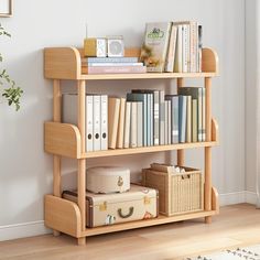 a book shelf with books and suitcases on it