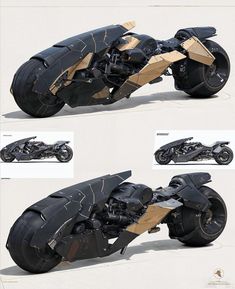 three different views of a futuristic motorcycle with gold foil on the front and back wheels